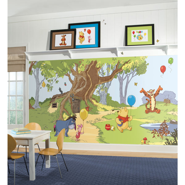 POOH & FRIENDS CHAIR RAIL PREPASTED MURAL 6' X 10.5' - ULTRA-STRIPPABLE