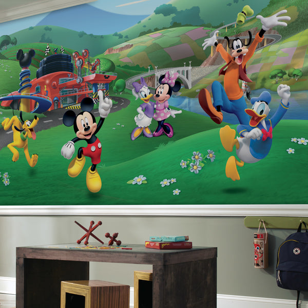 MICKEY AND FRIENDS ROADSTER RACER XL CHAIR RAIL PREPASTED MURAL 6' X 10.5' - ULTRA-STRIPPABLE